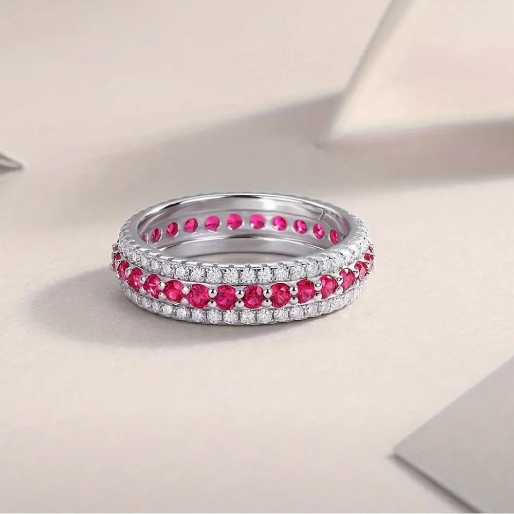 NWT Certified S925 Silver 3-Row Moissanite Ruby Inlaid Full Ring